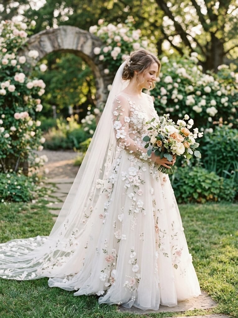Floral Appliqué Viral Romantic Bridal Dress Viral Bridal Outfit Ideas Gorgeous Wedding Looks That Will Make You Say “Yes!”