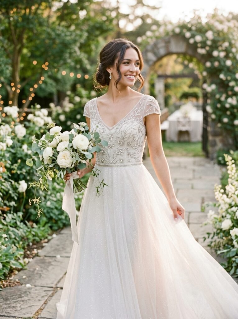 Glam Beaded A-Line Viral Bridal Gown Viral Bridal Outfit Ideas Gorgeous Wedding Looks That Will Make You Say “Yes!”