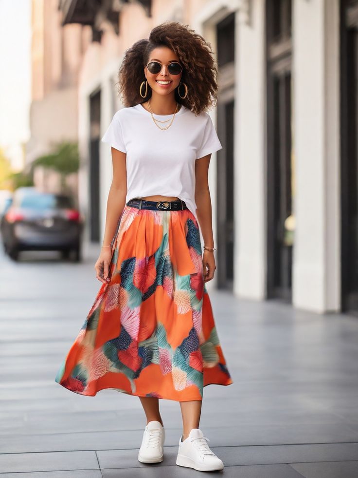 Graphic Tee With Midi Skirt Contrast Style