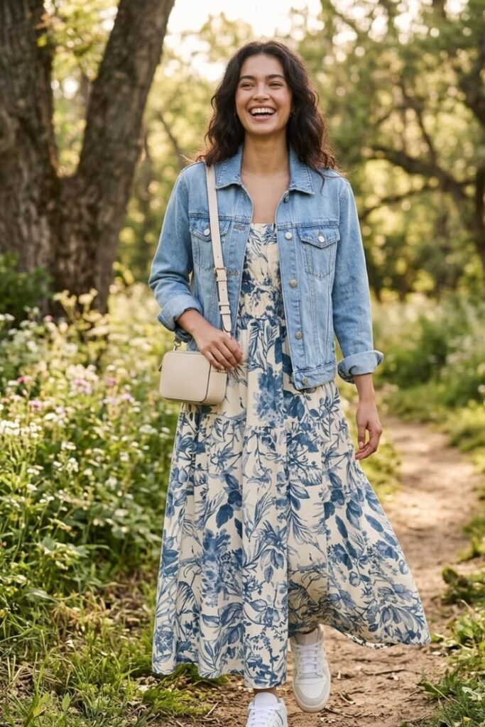 Maxi Dress With Denim Jacket Soft Casual Layer