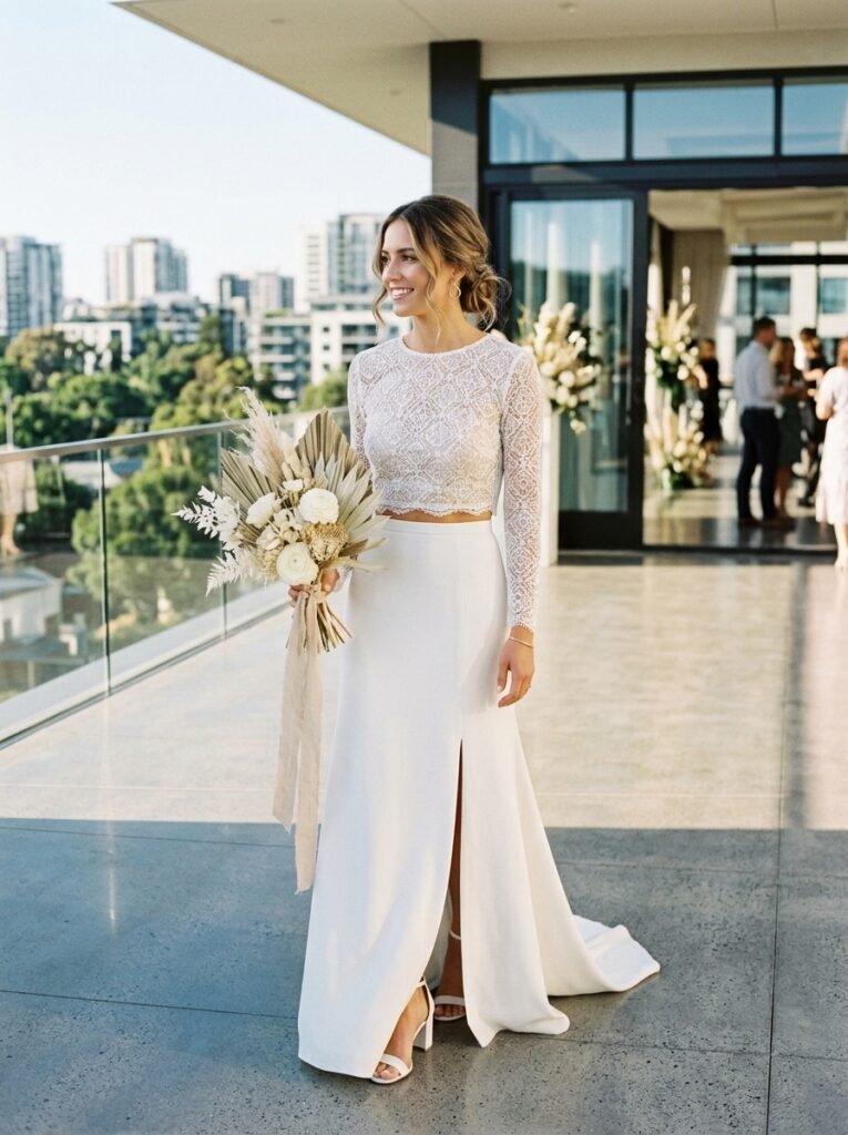 Modern Two Piece Bridal Set Look Jaw-Dropping Bridal Outfit Ideas Every Bride Will Be Saving on Pinterest This Year