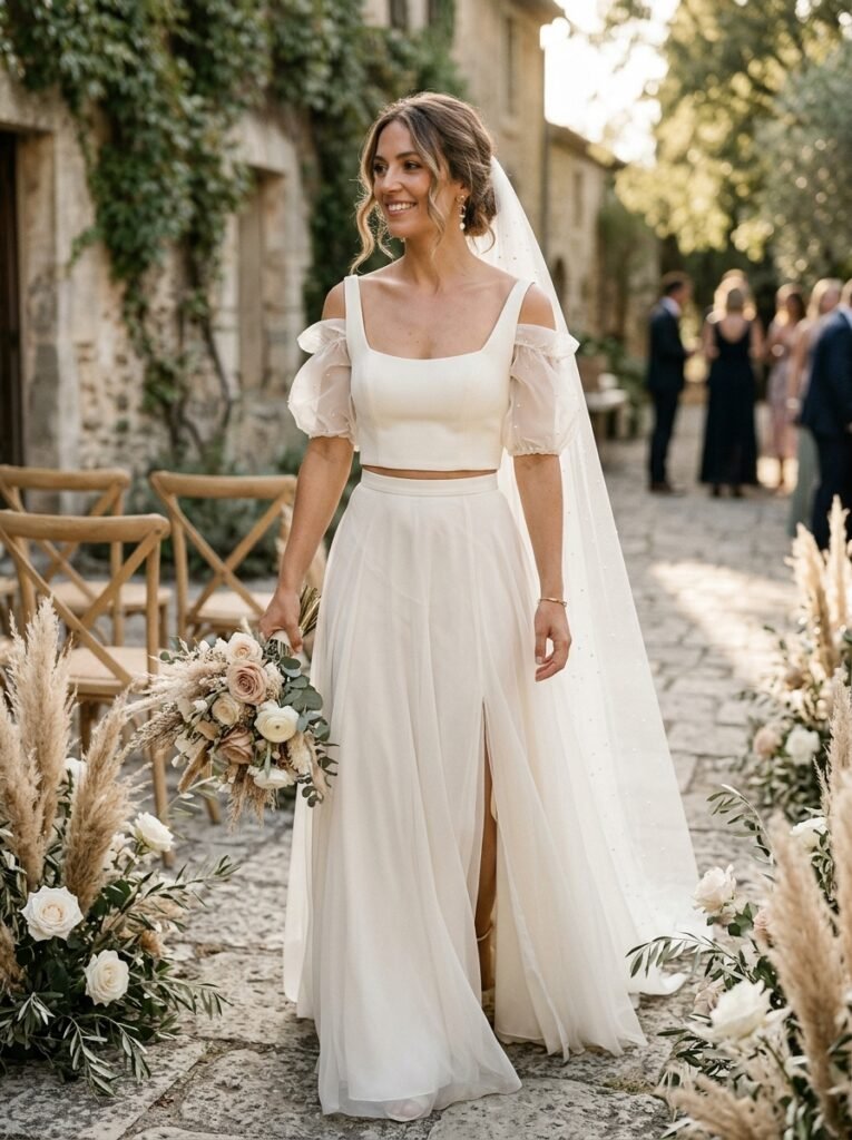 Modern Two Piece Bridal Set Trend Look Jaw-Dropping Bridal Outfit Ideas Every Bride Will Be Saving on Pinterest This Year