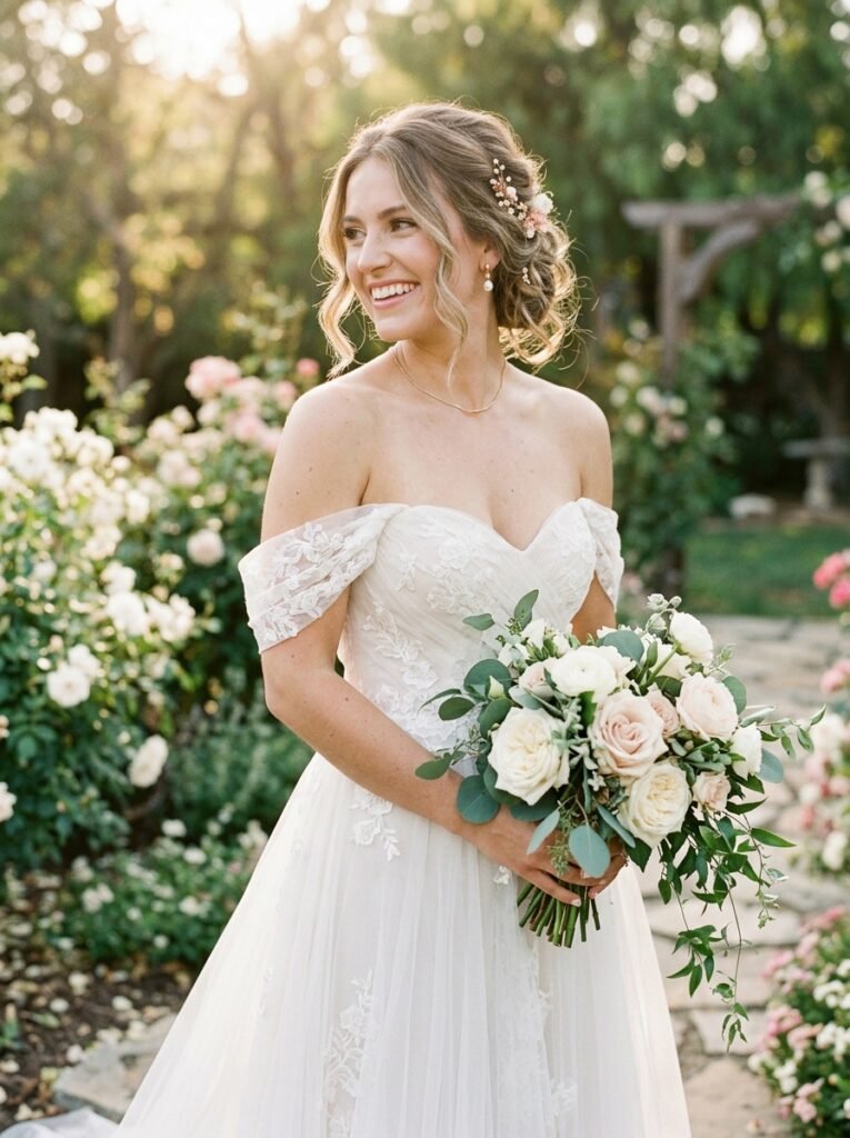 Off Shoulder Romantic Bridal Glow Dress Stop Scrolling!” Bridal Outfit Idea That Are Pure Wedding-Day Perfection