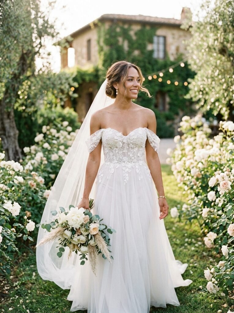 Off Shoulder Romantic Viral Bridal Dress Viral Bridal Outfit Ideas Gorgeous Wedding Looks That Will Make You Say “Yes!”