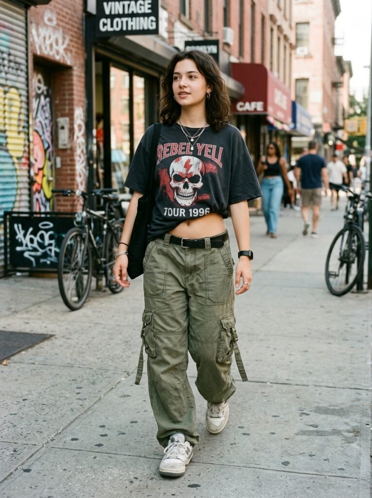 Oversized Graphic Tee Tucked Into Low-Rise Baggy Cargo Pants