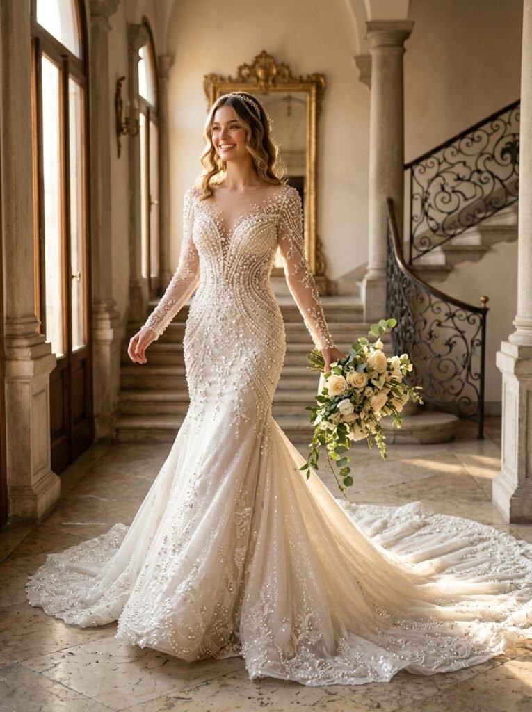 Pearl Embellished Bridal Glow Statement Dress Stop Scrolling!” Bridal Outfit Idea That Are Pure Wedding-Day Perfection