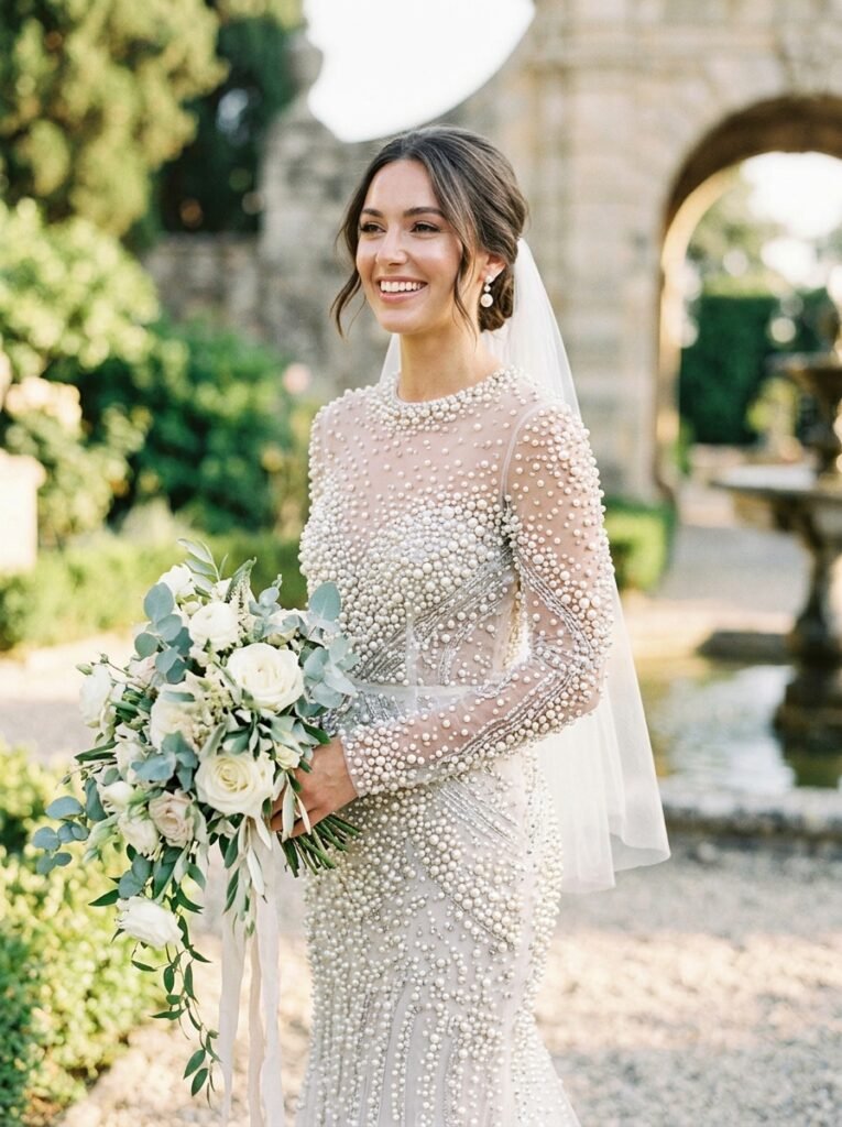 Pearl Embellished Viral Bridal Glow Gown Viral Bridal Outfit Ideas Gorgeous Wedding Looks That Will Make You Say “Yes!”