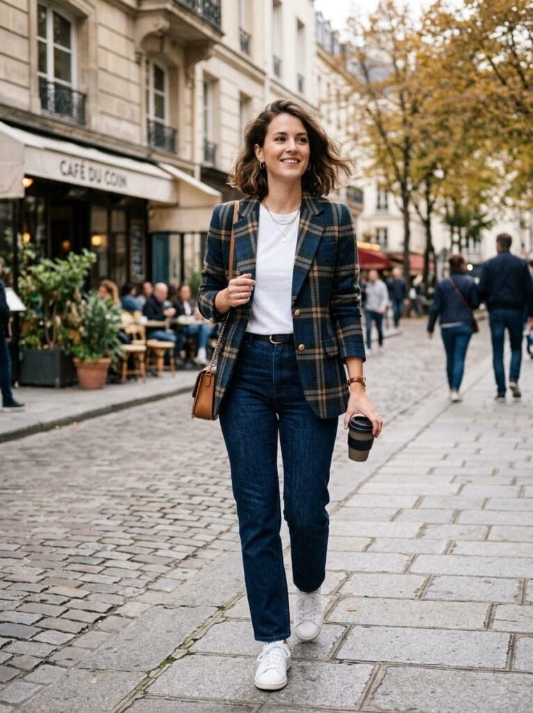 Plaid Blazer Over a White Tee with Dark Wash Jeans
