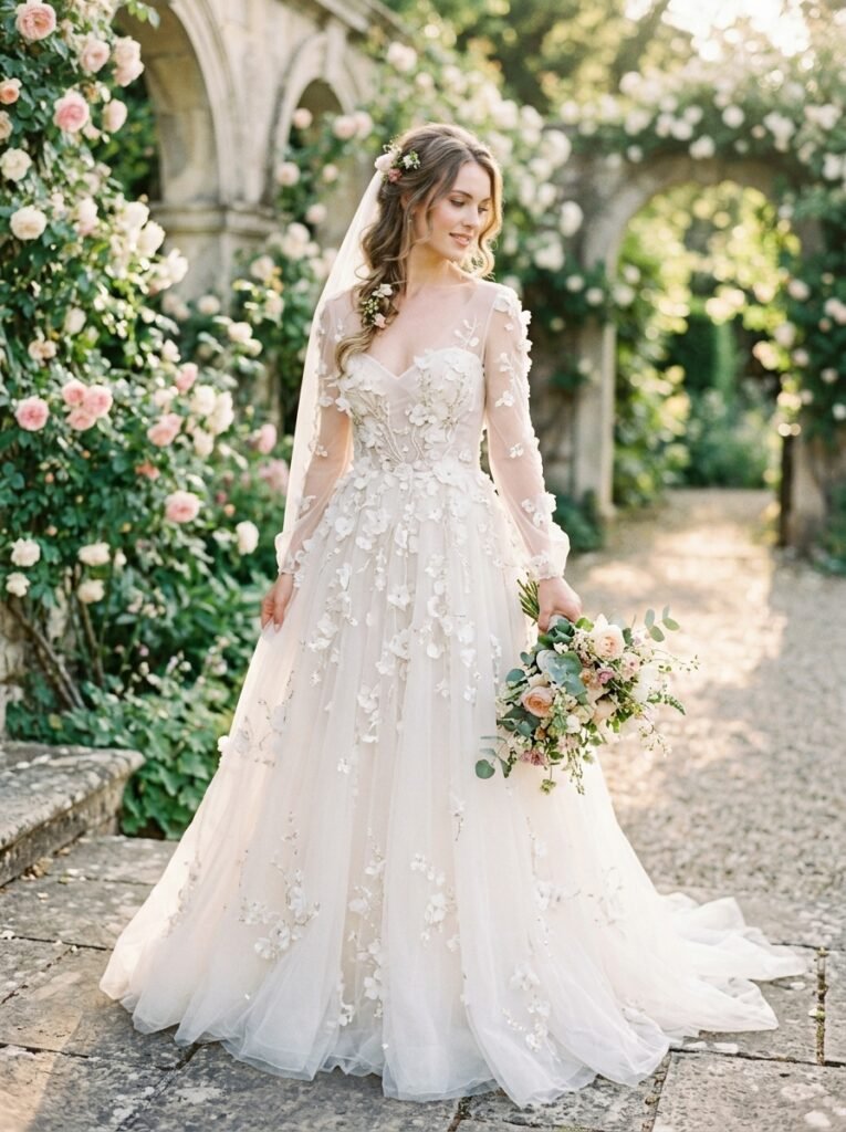 Romantic Floral Appliqué Bridal GownThe Ultimate Bridal Outfit Inspiration Guide Elegant Looks You’ll Want to Save Instantly