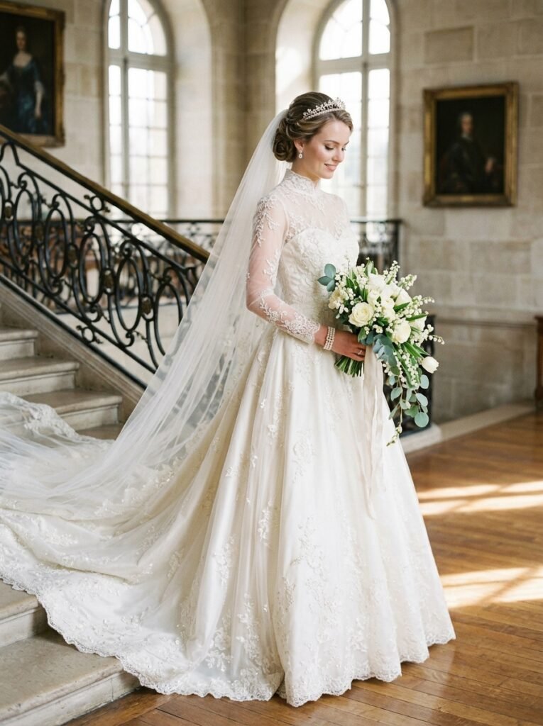 Royal Inspired High Neck Bridal Elegance Gown Stop Scrolling!” Bridal Outfit Idea That Are Pure Wedding-Day Perfection