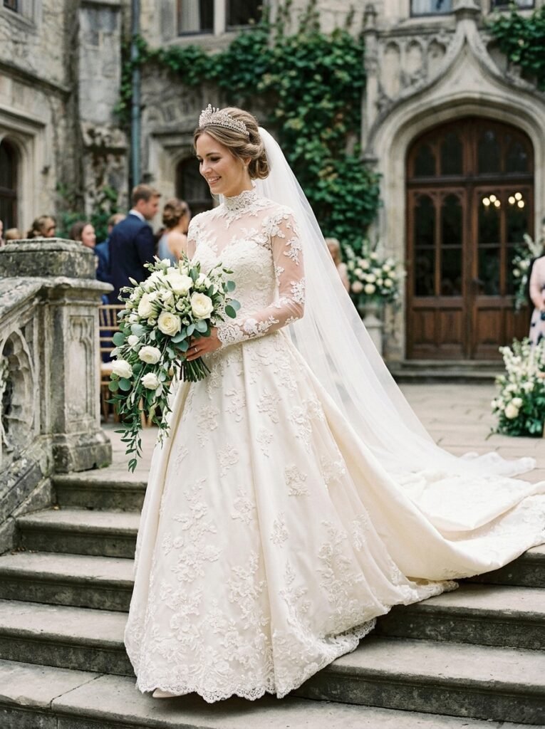 Royal Inspired High Neck Viral Bridal Dress Viral Bridal Outfit Ideas Gorgeous Wedding Looks That Will Make You Say “Yes!”