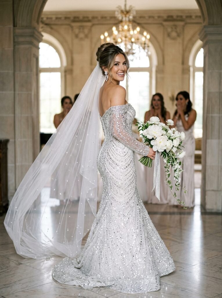 Sparkling Crystal Viral Bridal Statement Dress Viral Bridal Outfit Ideas Gorgeous Wedding Looks That Will Make You Say “Yes!”