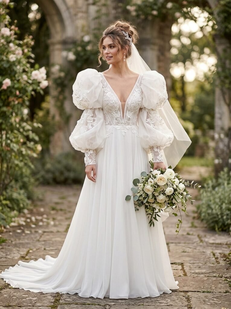 Statement Sleeve Dramatic Bridal Fashion Gown Stop Scrolling!” Bridal Outfit Idea That Are Pure Wedding-Day Perfection