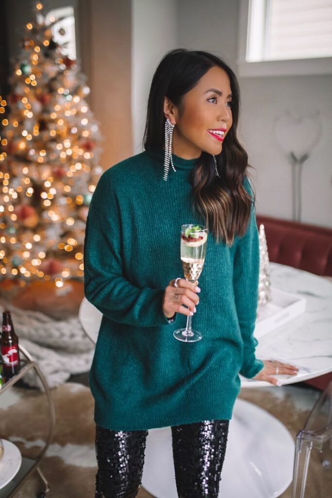Woman wearing a sparkly sequin dress styled for a New Year's Eve celebration