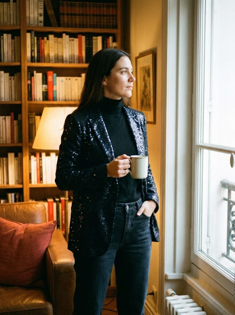Sequin blazer layered over a simple black outfit for subtle sparkle