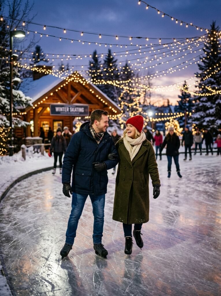 Couple ice skating outdoors dressed in warm layered winter date outfits
