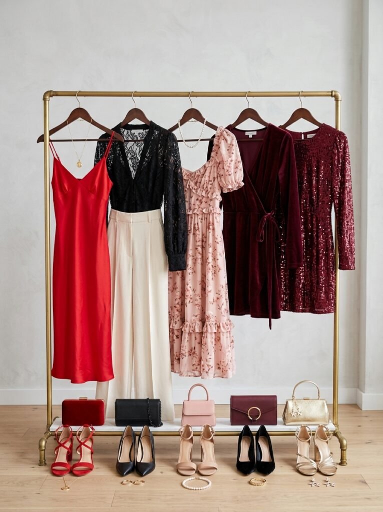 Styled clothing rack showing five coordinated Valentine's Day date night outfit combinations