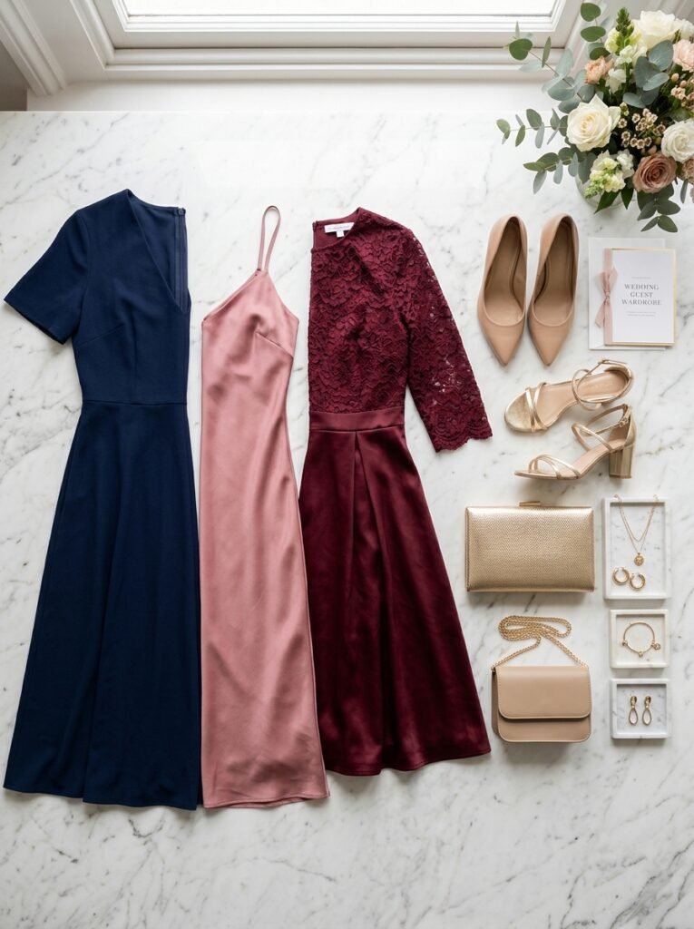 Small capsule wardrobe of re-wearable wedding guest outfits