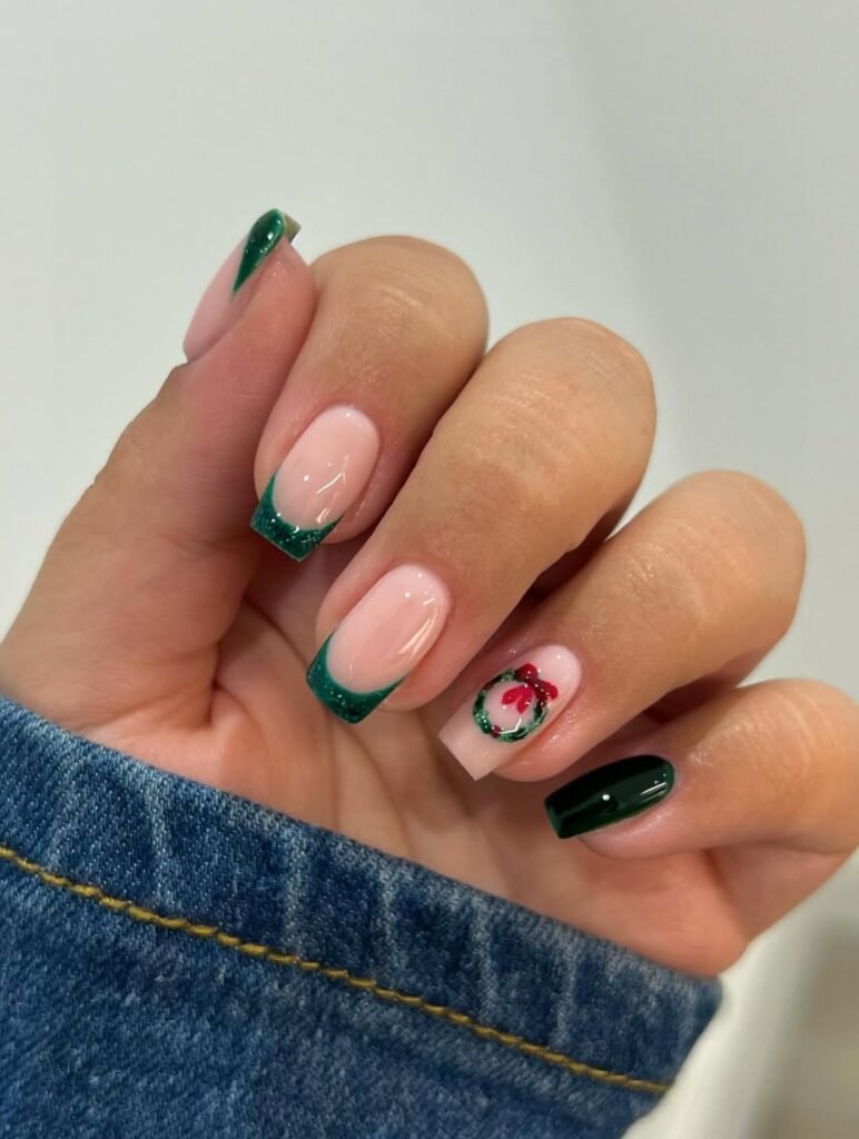 Row of festive nail color swatches including deep red, forest green, and gold