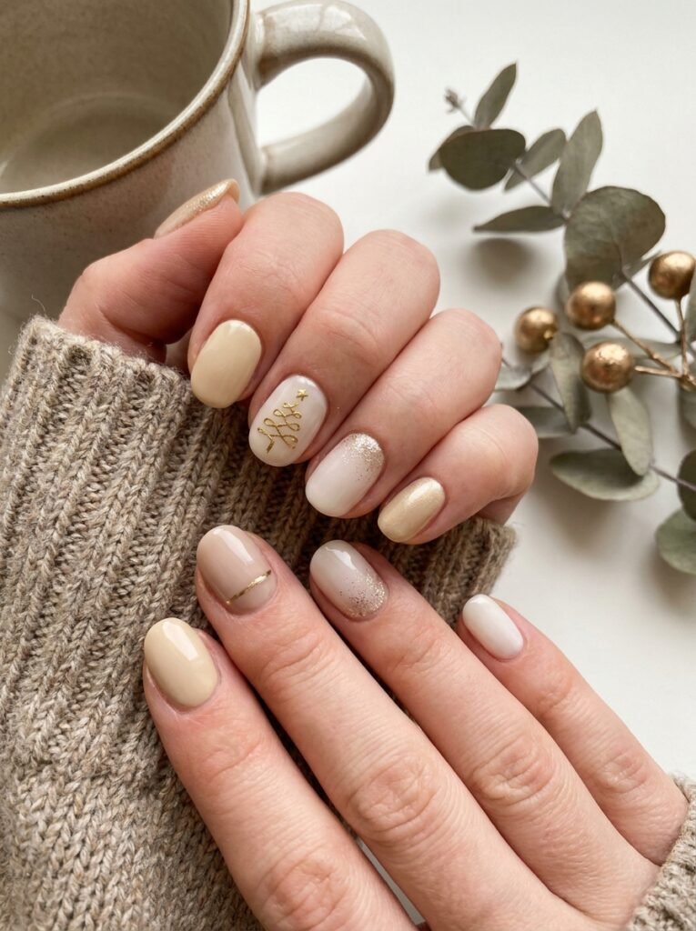 Cream nail polish base with delicate gold metallic accent detailing