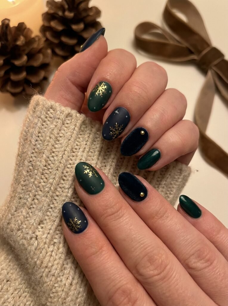 Deep navy and emerald jewel-tone nail polish shades