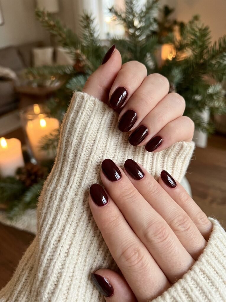 Deep oxblood red nail polish applied as a classic solid manicure