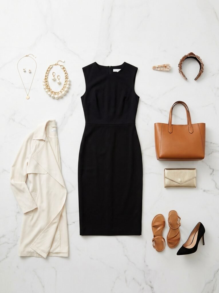 Same dress transformed with different accessory combinations