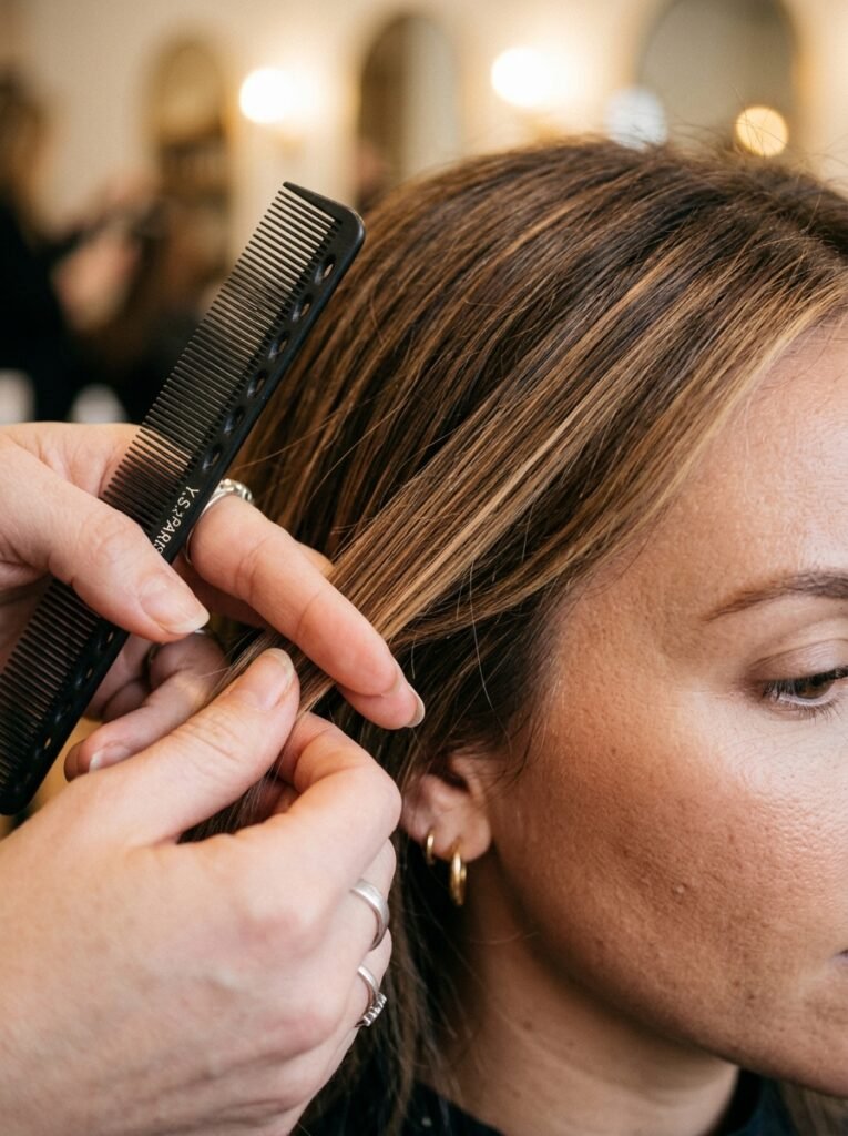 Deep side part and face-framing layers on a heart-shaped face