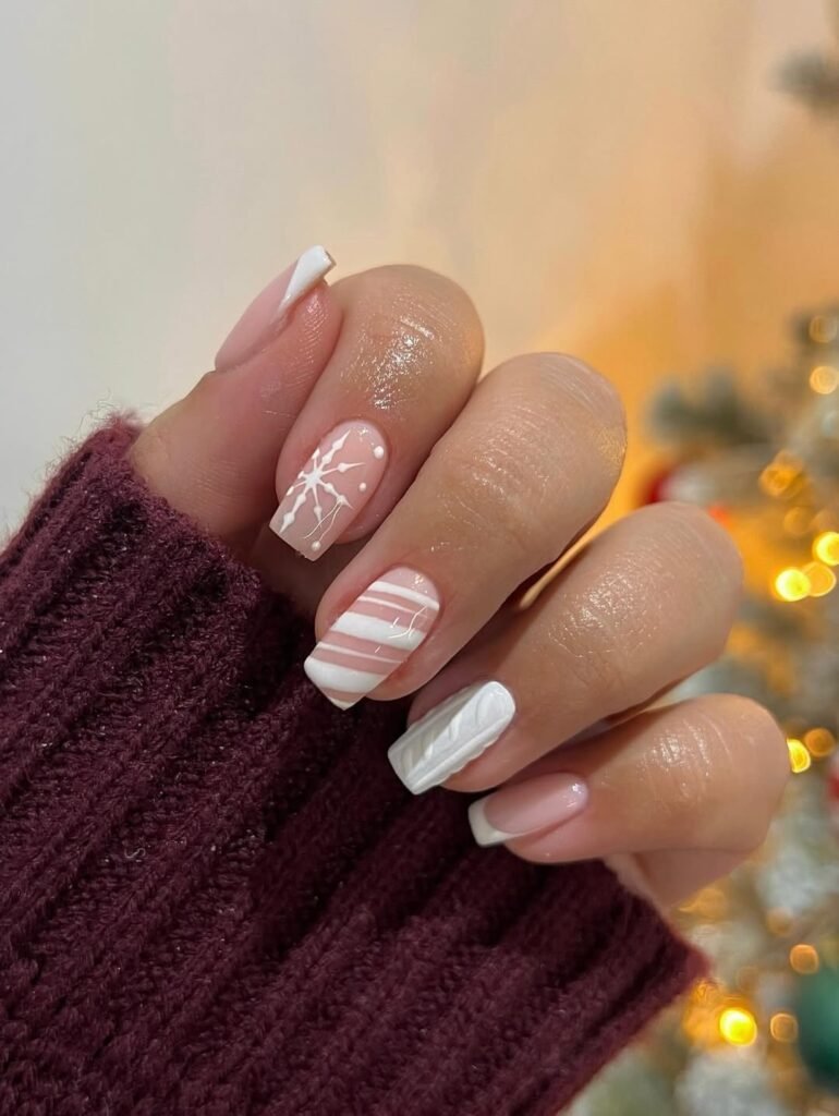Comparison of an elevated burgundy manicure and a literal holiday-themed nail design
