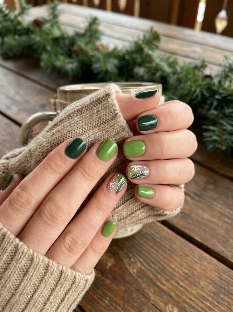 Deep forest green nail polish paired with subtle gold accents