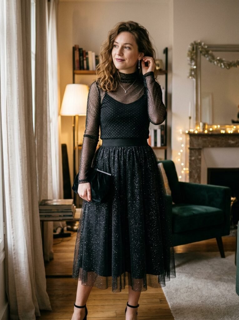 Glitter tulle overlay skirt with soft diffused sparkle