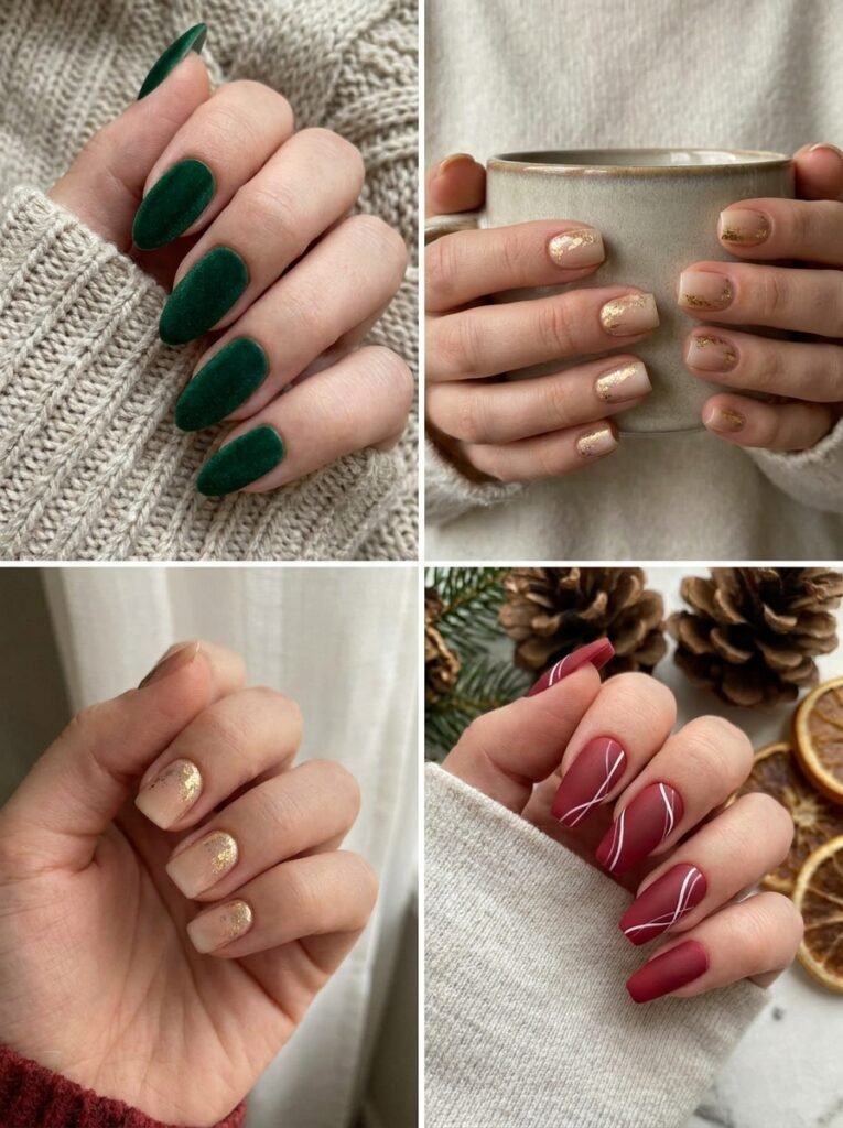Almond-shaped nails with a matte holiday manicure finish