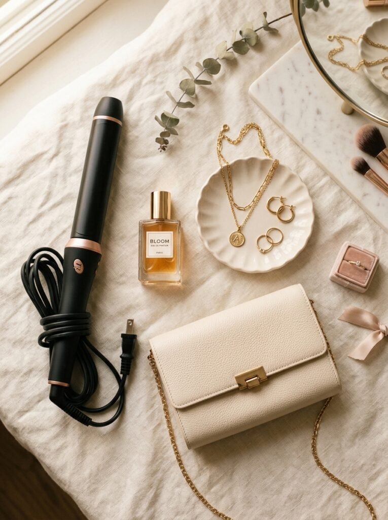 Finishing touches including jewelry, perfume, and a small bag for a Valentine's Day outfit