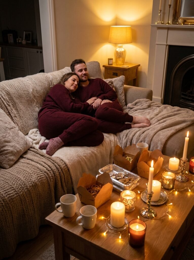 Matching burgundy loungewear set styled for a cozy stay-in Valentine's Day night