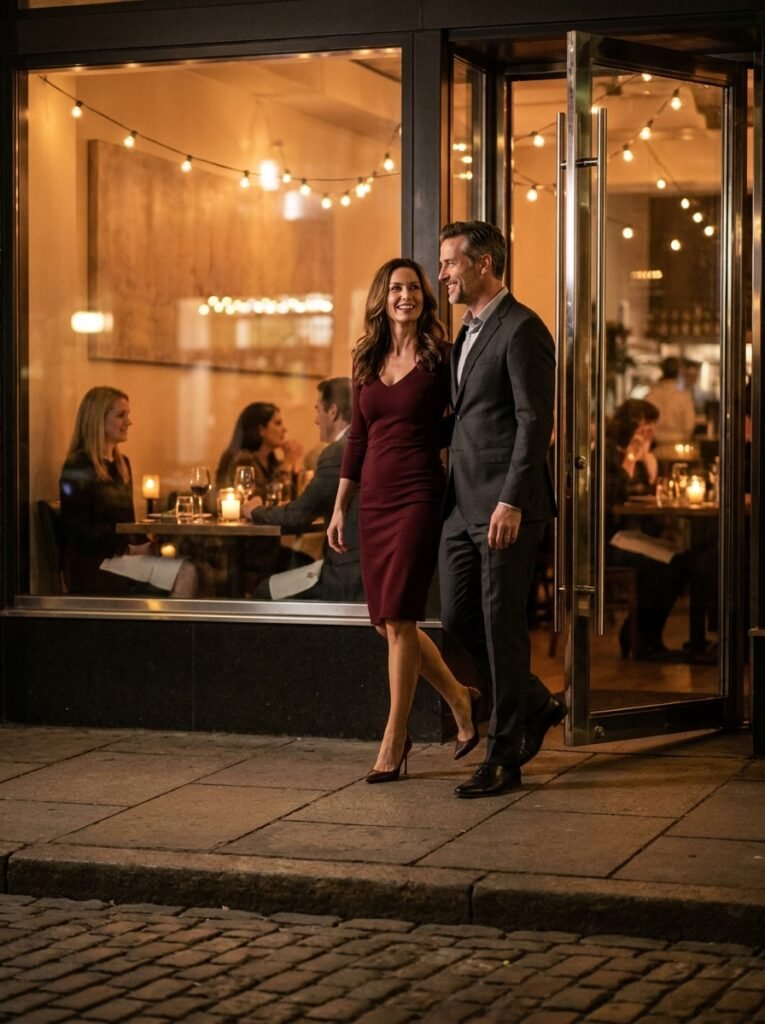 Fitted midi dress and blazer styled for an upscale Valentine's Day dinner date