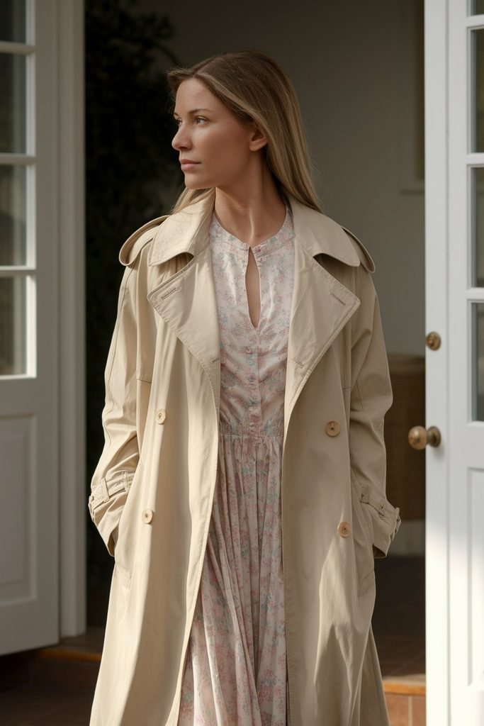 A lightweight trench coat layered over a pastel dress for a cooler Easter morning