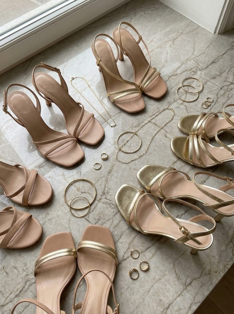 Nude and gold sandals and simple gold jewelry arranged together for a coordinated bridesmaid look