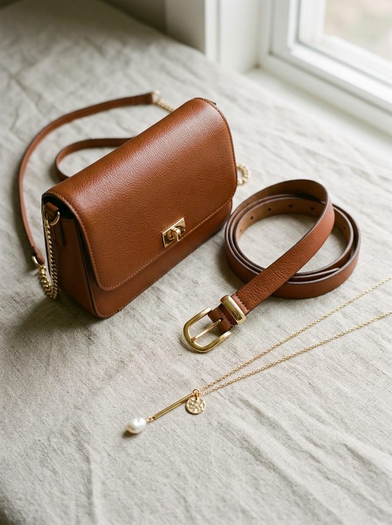 Small structured bag, thin belt, and long pendant necklace arranged as proportion-scaled accessories