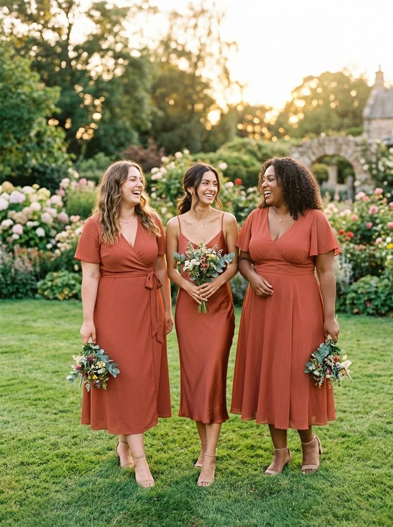 Three bridesmaids wearing different dress silhouettes in the same terracotta color outdoors