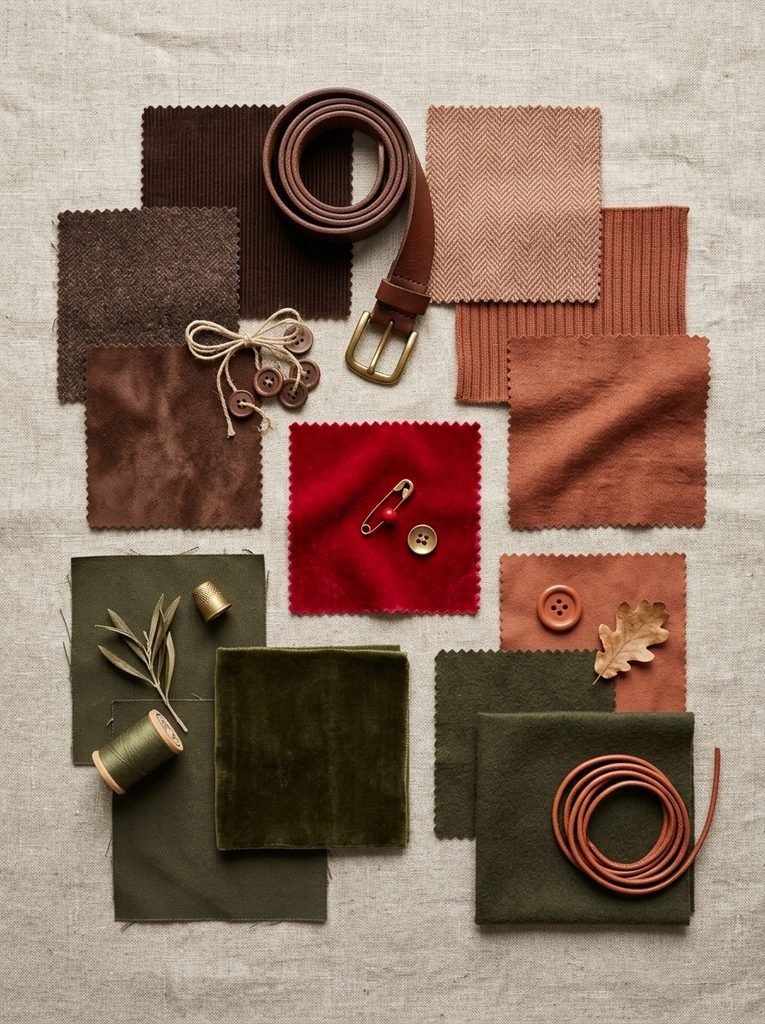 Flat lay of fall color palette fabric swatches in brown, clay, olive, and cherry red