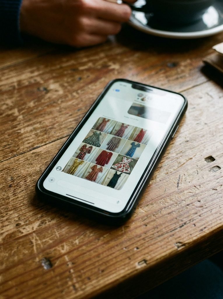 A smartphone showing a group chat with bridesmaid dress photos shared for coordination