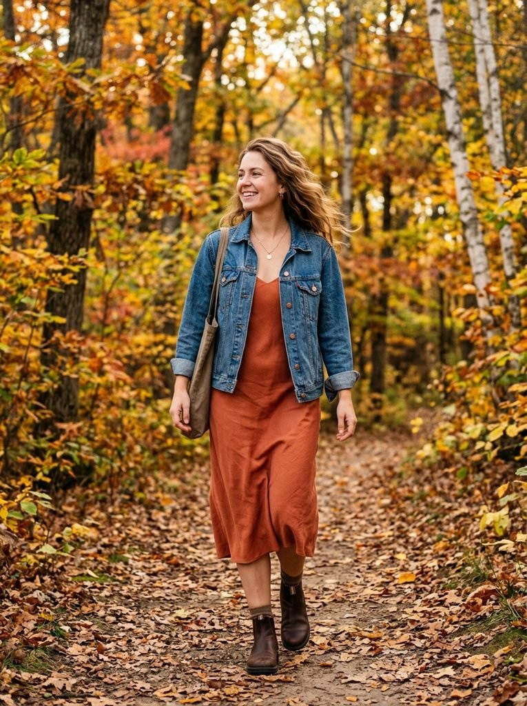 Terracotta midi slip dress layered under a denim jacket with ankle boots in autumn