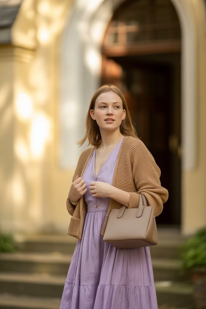Woman wearing a lilac spring dress and camel cardigan outside a church on Easter Sunday