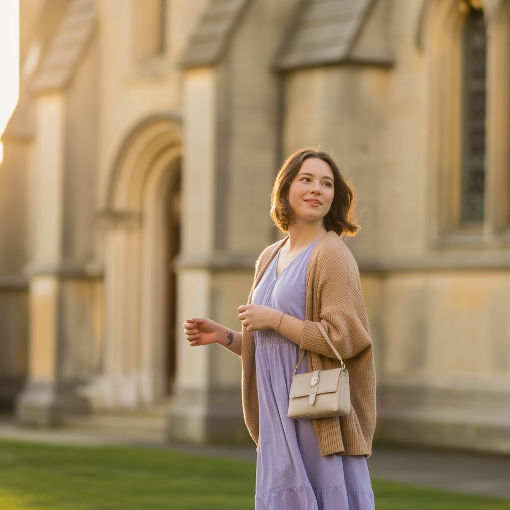 Woman wearing a lilac spring dress and camel cardigan outside a church on Easter Sunday