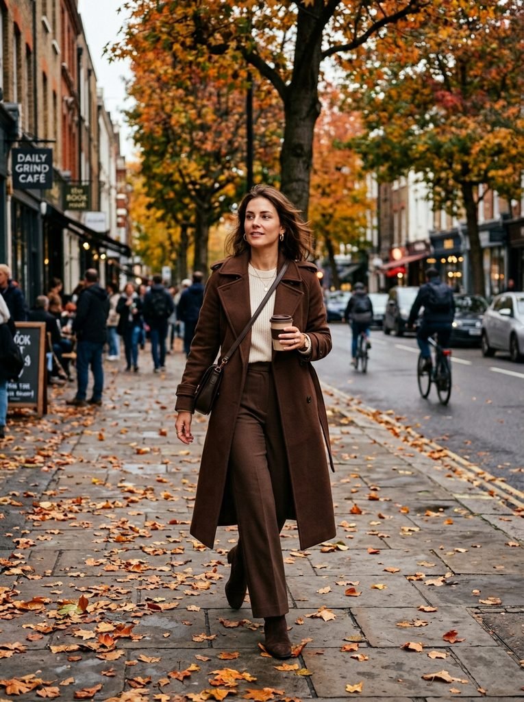 Woman in a chocolate brown trench coat and wide-leg trousers walking down a tree-lined autumn street