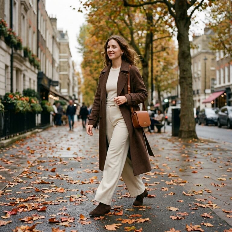 Woman in a chocolate brown trench coat and wide-leg trousers walking down a tree-lined autumn street