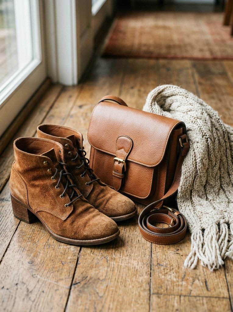Suede ankle boots, a leather crossbody bag, and a knit scarf arranged as fall accessories