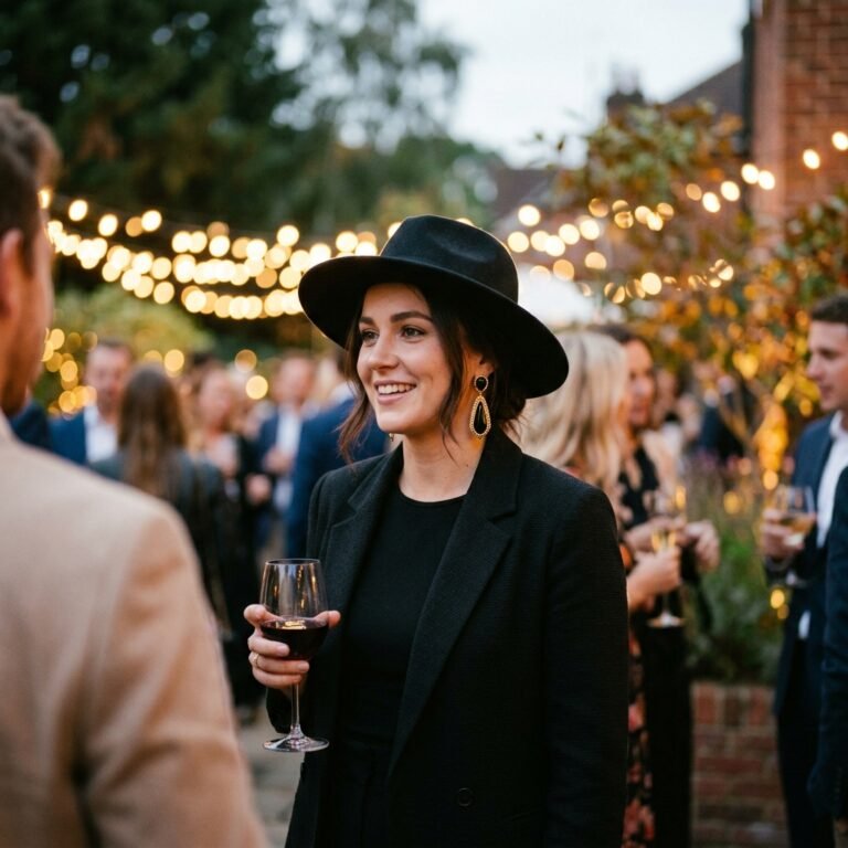 Woman wearing an all-black outfit with a wide-brim hat and statement earrings for a non-costume Halloween look