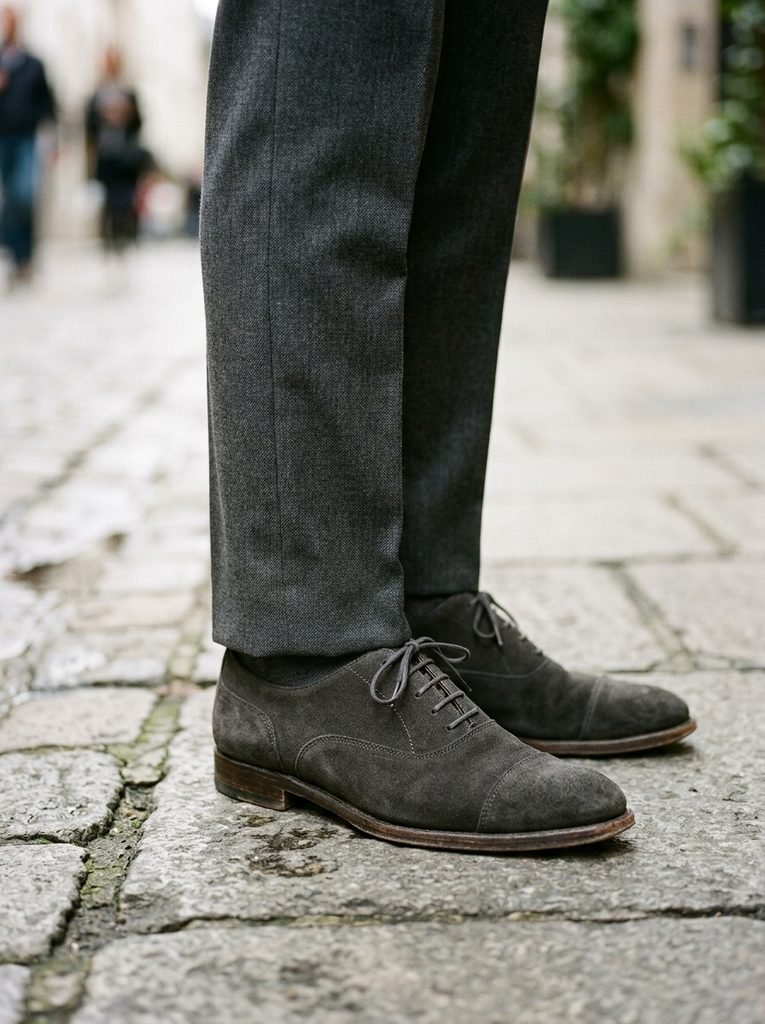 Trousers breaking cleanly at the shoe line in a matching tone for a continuous leg line