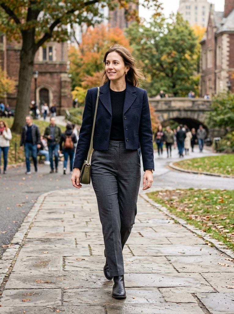 Cropped tailored blazer ending at the natural waist worn over a fitted top and trousers